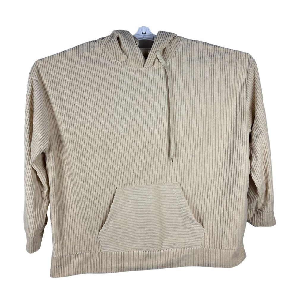 Beige Ribbed Hoodie Sweatshirt 2XL 100% Polyester Pullover With Kangaroo Pocket